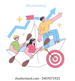 Guiding mentor leads eager learners towards their target, symbolized by an arrow hitting the bullseye. Teamwork and mentorship in achieving business success. Flat vector illustration