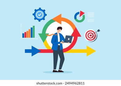 Guiding organizations through transitions, managing resistance and organizational concept vector illustration. Business analyst leading change management process