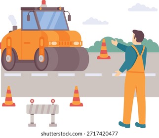 Guiding Road Roller Operation concept, Trabajo de carretera seguro con diseño de Vector de maquinaria pesada, Anuncio de trabajadores de la construcción, Escena de trabajo calificado, Obras de ingeniería civil