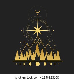 Guiding star over the mountains. Vector illustration