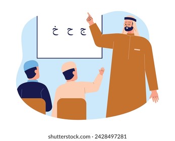 Guiding students to pronounce hijaiyah letters, Muslim vector illustration.