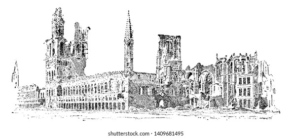 Guild Hall in Ypres was the chief edifice of the sort in Belgium and one of the finest examples of secular Gothic architecture in Europe, vintage line drawing or engraving illustration.