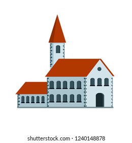 Guildhall. Medieval town hall with a red roof. Urban landscape and tourist attraction. The city's old landscape. Christian Church with a bell tower. Cartoon flat illustration
