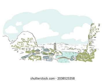 Guilin  Li River China vector sketch city illustration line art sketch