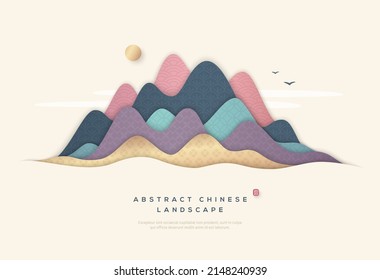 Guilin Mountains abstract landscape in chinese style with asian patterns. Vector illustration. Japanese background paper cut at sunset. Place for text. China ornament for Happy New Year 2022