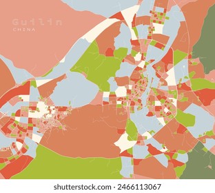 Guilin,China city centre,accurate map,Urban detail Streets Roads color Map,editable vector element template image for marketing ,product ,wall art and poster prints.