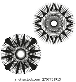 Guilloche padrão abstrato. Elementos espiky geométricos. Conjunto de vetores de círculo em camadas. Gráfico em branco preto