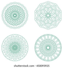 Guilloche art set. It can be used as a protective layer for the certificates, diplomas, banknotes. Pattern Rosette for Fake Money or Other Security Papers - Vector Illustration. Sacred geometry.