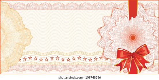 Guilloche Background With Red Bow For Gift Certificate / Vector