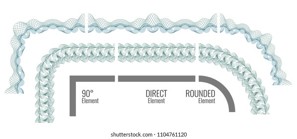 Guilloche Borders. Set of corner, direct and rounded elements. For certificate or diploma, isolated. Vector illustration.