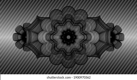 Guilloche carbon fiber dark emblem. Polymer texture exquisite background. Vector illustration. 