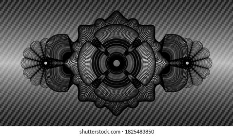 Guilloche carbon fiber dark realistic emblem. Polymer texture graceful background. Vector illustration. 