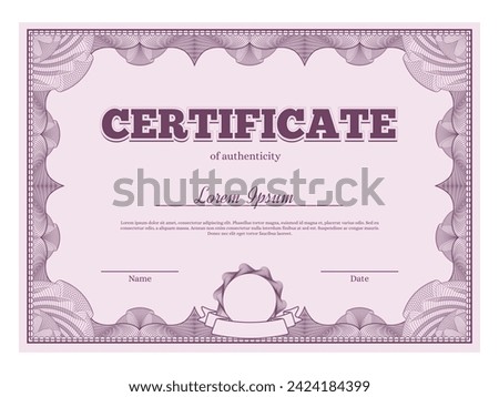 Guilloche certificate. Authenticity secure document with geometric lines pattern frame, official diploma vector template. Business and educational papers for achievements with name and date