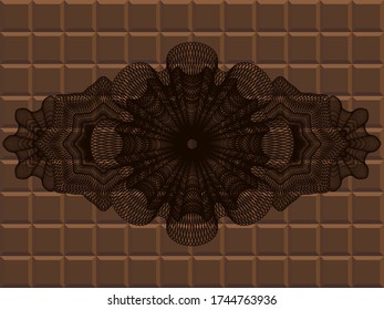 Guilloche chocolate badge. Brown fancy background. Intense illustration. 