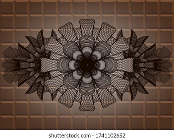 Guilloche chocolate badge. Brown fashionable background. Intense illustration. 