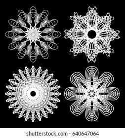 Guilloche circle lace patterns, design elements in white outline on black background, gorgeous symmetric geometric shapes