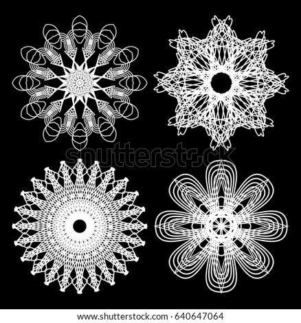 Guilloche circle lace patterns, design elements in white outline on black background, gorgeous symmetric geometric shapes