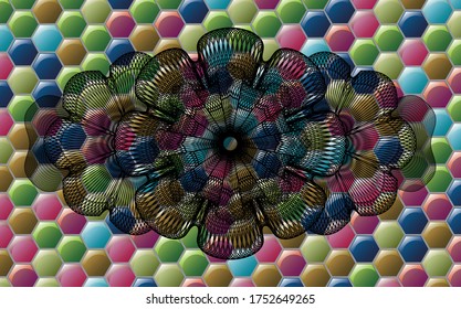 Guilloche Colorful candy multicolored realistic emblem. Hexagon handsome background. Artistic illustration. 