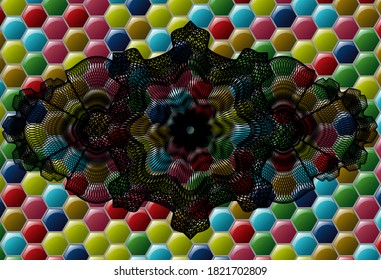 Guilloche Colorful multicolored badge. Hexagon fancy background. Illustration. 