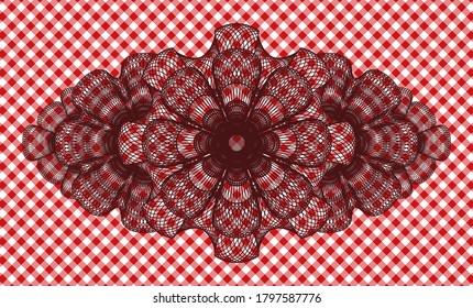 guilloche Currency pattern red checkered tablecloth realistic emblem. Restaurant fancy background. Artistic illustration. 