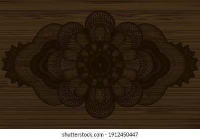 Guilloche dark wood realistic emblem. Brown fashionable background. Vector illustration. 