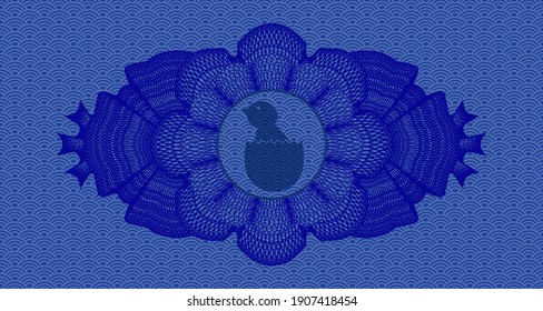 Guilloche decoration baby chick coming out of the egg icon inside blue japanese style pattern realistic emblem. Geometric luxurious background. Illustration. 