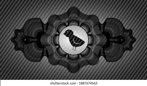 Guilloche decoration baby chicken icon inside carbon fiber dark realistic emblem. Polymer texture classic background. Artistic illustration. 