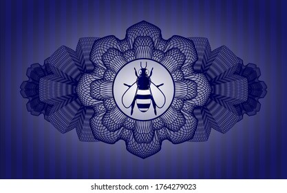 Guilloche decoration bee icon inside Blue emblem. Bars fashionable background. Intense illustration. 