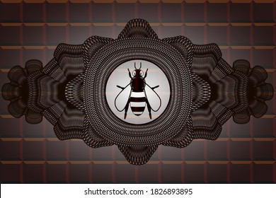 Guilloche decoration bee icon inside chocolate bar realistic badge. Brown graceful background. Artistic illustration. 