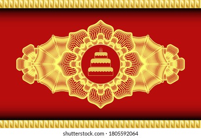 Guilloche decoration birthday cake icon inside Red color and Gold realistic badge. Traditional luxurious background. Artistic illustration. 