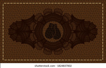 Guilloche decoration boxing gloves icon inside brown leather badge. Wallet graceful background. Artistic illustration. 
