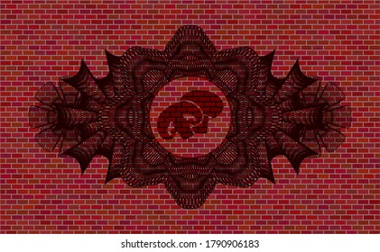 Guilloche decoration champignon icon inside brick wall realistic badge. Tiles exquisite background. Artistic illustration. 