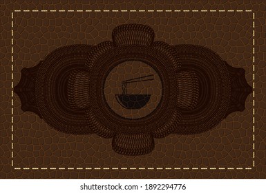 Guilloche decoration Chinese noodles soup icon inside leather realistic badge. Fancy Wallet background. Artistic illustration. 