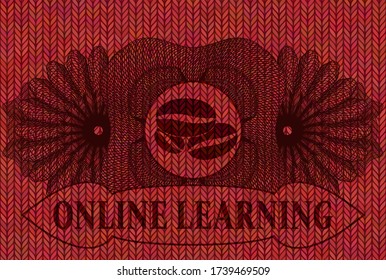 Guilloche decoration coffee beans icon and Online Learning text Red woolen fabric realistic badge. Cloth fancy background. Artistic illustration. 