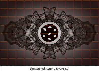 Guilloche decoration cookie icon inside chocolate bar emblem. Brown delicate background. Vector illustration. 