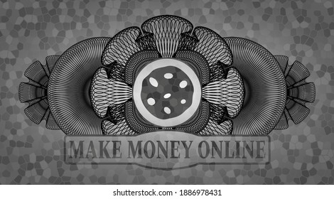 Guilloche decoration cookie icon and Make Money Online text grey stone wall emblem. Rock handsome background. Vector illustration. 