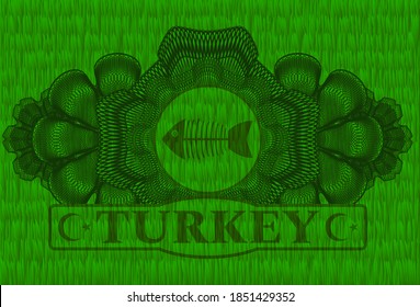 Guilloche decoration dead fish icon and Turkey text green grama grass emblem.   Eco chic background. Intense illustration. 