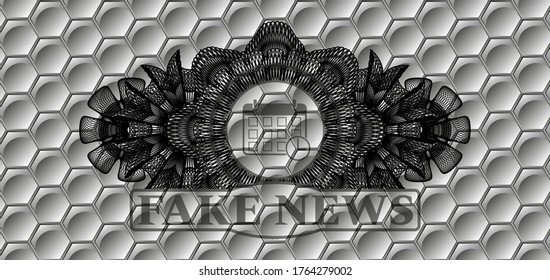 Guilloche decoration deadline icon and Fake News text grey pattern geometric realistic emblem. Trendy exquisite background. Vector illustration. 