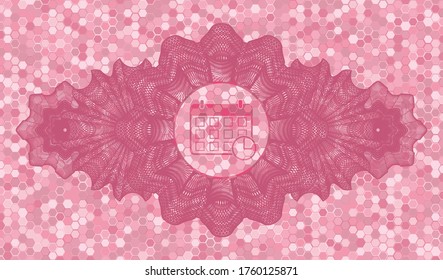 Icono de la fecha límite de decoración Guilloche dentro del patrón mosaico de mosaico rosa, emblema realista. Fondo clásico hexágono geométrico. Ilustración. 