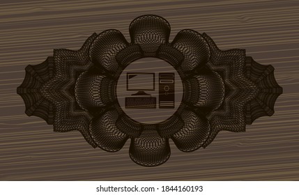 Guilloche decoration desktop computer icon inside wooden realistic emblem. Brown fashionable background. Intense illustration. 