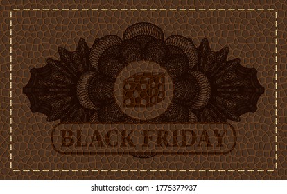 Guilloche decoration dice icon and Black friday text brown leather realistic emblem. Wallet fancy background. Artistic illustration. 