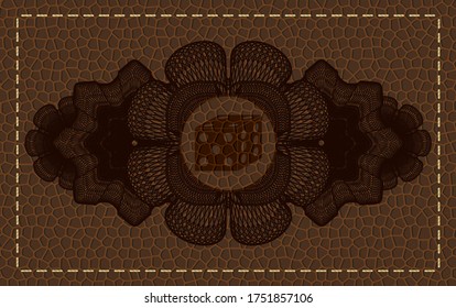 Guilloche decoration dice icon inside brown leather realistic badge. Wallet fancy background. Vector illustration. 