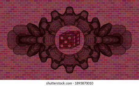 Guilloche decoration dice icon inside red brick wall realistic badge. Tiles fancy background. Vector illustration. 