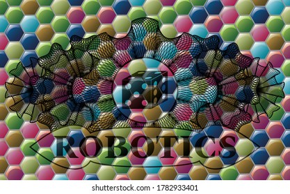 Guilloche decoration dice icon and Robotics text Colorful candy multicolored realistic badge. Hexagon graceful background. Intense illustration. 