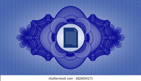 Icono de documento de decoración guilloche dentro de la insignia realista al estilo japonés azul. Fondo geométrico elegante. Ilustración intensa. 