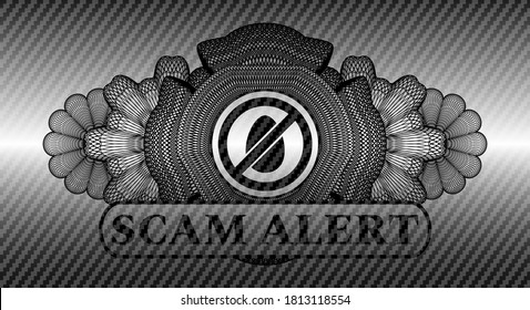 Guilloche decoration egg free icon and Scam Alert text carbon fiber realistic badge. Polymer texture delicate background. Artistic illustration. 