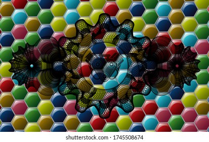 Guilloche decoration engine icon inside Colorful emblem. Hexagon chic background. Illustration. 