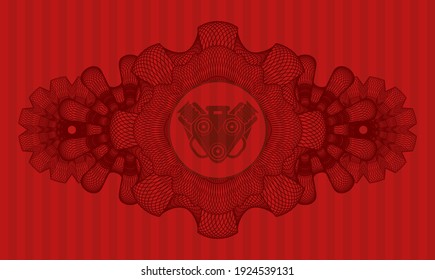 Guilloche decoration engine icon inside red color emblem. Bars fancy background. Vector illustration. 