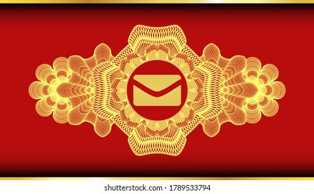 Guilloche decoration envelope icon inside Red color and Gold emblem. Traditional fashionable background. Artistic illustration. 