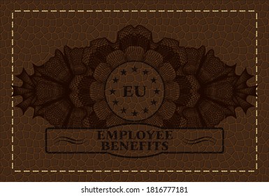 Guilloche decoration european union icon and Employee benefits text leather realistic badge. Wallet graceful background. Illustration. 